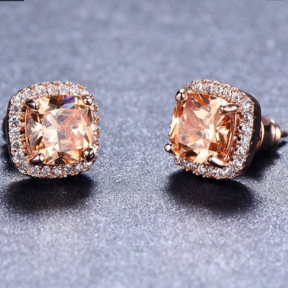 18k Rose Gold Filled Champagne Topaz Stud Earrings - Picture 4 of 8